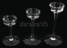 Skandináv három részes desginer üveg gyertyatartó szett, jelzés nélkül, hibátlan, m: 16-24 cm
