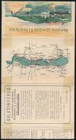 1914 A Balatontavi Gőzhajózási Rt. menetrendje, színes litografált címlappal, Balaton-térképpel, kivágásból eredő hiánnyal, 26x14 cm