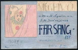 1937 A 276. Szt. Ágoston cserkészcsapat farsangi estjére szóló kézzel rajzolt meghívó, jó állapotban