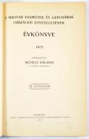 A Magyar Vasművek és Gépgyárak Országos Egyesülete évkönyve 1913. Szerk.: Méhely Kálmán. III. évf. Bp., 1913., "Pátria", 263+1 p.+ 5 t. Korabeli egészvászon-kötés, kissé kopott borítóval, kijáró táblázatokkal.