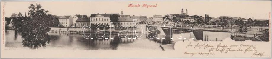 1899 Ungvár, Uzshorod, Uzhhorod, Uzhorod; 3-részes kihajtható panorámalap, Ung híd. Kohlmann Sándor felvétele, Szenczer Henrik kiadása / 3-tiled folding panoramacard with Uzh riverside and bridge + "M. SZIGET - MISKOLCZ - BUDAPEST 34. SZ." vasúti mozgóposta bélyegző (fl)