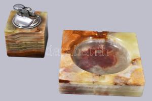 Ónix testű öngyújtó és hamuzó, működik, 12x12 cm