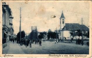 1934 Battonya, Fő utca, Római katolikus templom, Hangya szövetkezet üzlete. Orbán Ferencné kiadása (fa)