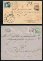 1876-1891 6 db küldemény, benne levél, levelezőlap, ajánlott díjjegyes levelezőlap és ajánlott külföldre küldött