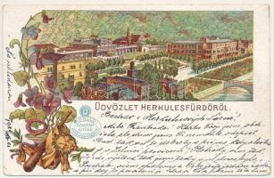 1901 Herkulesfürdő, Baile Herculane; fürdő, szecessziós-virágos litho Apollo szappan reklámmal / spa. Art Nouveau, floral, litho with Apollo soap advertisement (EB)