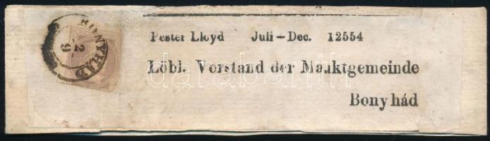 ~1867 Pester Lloyd címszalag Hírlapbélyeggel (A8c) "BONYHÁD" (30.000)