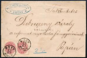 1864 Levél 5kr párral bérmentesítve "PEST / Abend" - "RAAB" - "PÁPA" (15.000)