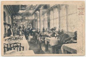 1914 Kolozsvár, Cluj; Rácz étterem, belső vendégekkel, katonával és pincérekkel. Zetán Péter kiadása / restaurant, interior with guests, K.u.K. soldier and waiters (ázott sarkak / wet corners)