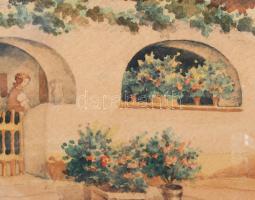 Tibai Takáts János (1876-1943): Balatonfüredi udvar. Akvarell, papír, jelzett. Dekoratív, üvegezett,...