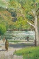 Mészáros jelzéssel: Emberek a vízparton, 1956. Olaj, karton. Dekoratív fakeretben. 50x60 cm