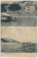 Báziás, Bazias; Pénzügyőri laktanya, Duna részlet, gőzhajó / financial guard barracks, Danube riverside with steamship (b)