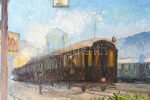 Kemény László jelzéssel, 1930-as évek: Búcsú a pályaudvaron. Olaj, vászon. 50x66 cm