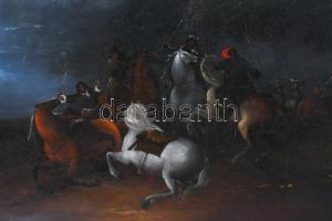 Olvashatatlan jelzéssel (jobbra lent, keret által takarva), feltehetően XIX. sz. festő: Csatajelenet...