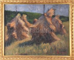 Olvashatatlan (Börcsök?) jelzéssel: Szénaboglyák. Olaj, karton. Dekoratív fakeretben, 32,5×40 cm