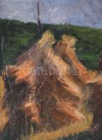 Olvashatatlan (Börcsök?) jelzéssel: Szénaboglyák. Olaj, karton. Dekoratív fakeretben, 32,5×40 cm