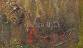 Olvashatatlan (Börcsök?) jelzéssel: Szénaboglyák. Olaj, karton. Dekoratív fakeretben, 32,5×40 cm