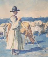 Olvashatatlan jelzéssel: Tehénpásztor, 1931. Akvarell, papír. Kissé foltos. Dekoratív, üvegezett fak...