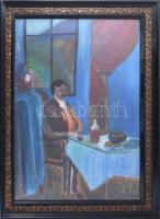 Perlrott Csaba jelzéssel: Férfi asztalnál. Olaj, farost. Dekoratív, üvegezett fakeretben, 68×51 cm.