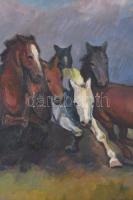 Jelzés nélkül: Vágtázó lovak. Olaj, farost. Dekoratív, sérült fakeretben, 50×70 cm
