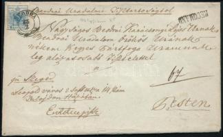 1855.02.23 Ajánlott levél 9kr bérmentesítéssel, hátoldalán 6kr a nyitás miatt kettétépett "BEODA" - "SZEGEDIN" - "PESTH"