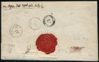 1855.02.23 Ajánlott levél 9kr bérmentesítéssel, hátoldalán 6kr a nyitás miatt kettétépett "BEOD...