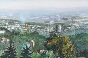 T. Visy Ilona (1920-2023): Budapesti panoráma a Normafáról, 1980 körül. Pasztell, papír. Jelzett. Üv...