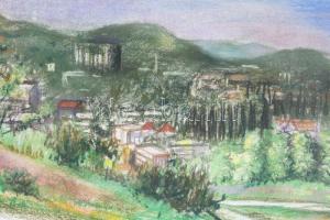 T. Visy Ilona (1920-2023): Kilátás a Svábhegyről (Budai panoráma), 1980 körül. Pasztell, papír. Jelz...