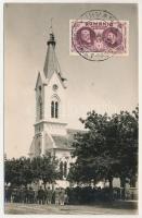 1928 Újvár, Uivar (Temes, Timis); templom tatarozás közben / church under renovation. photo
