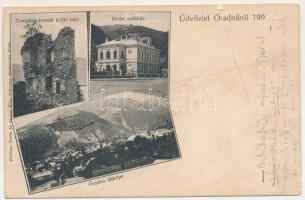 Óradna, Alt-Rodna, Radna veche, Rodna; Templomromok (1200-ból), látkép, Járási székház. Jördens Berta és Alzner Ella műterme kiadása / church ruins, district court, general view. Art Nouveau (ázott / wet damage)