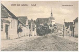 Szászkézd, Kaisd, Keisd, Saschis, Saschiz; Strassenasnicht / utca, evangélikus templom. J. H. Bodendorfer kiadása, J. H. Briegel felvétele / street view, Lutheran church (fl)