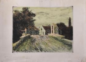 Konecsni György (1908-1970): Öreg híd. Színes rézkarc, papír, jelzett. Lap széle kissé foltos. Kartonra kasírozva. 29,5x38,5 cm