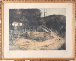 Konecsni György (1908-1970): Magányos ház. Színes rézkarc, papír, jelzett. Lap széle kissé foltos. Üvegezett, sérült fakeretben. 29,5x39,5 cm