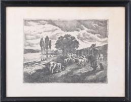 Olvashatatlan jelzéssel: Legeltetés, 1933. Rézkarc, papír, jelzett. Számozott (35/1). Lap széle kissé foltos. Üvegezett fakeretben. 17,5x24 cm