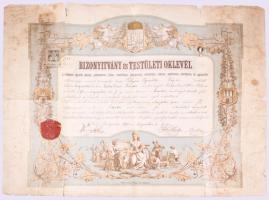 1898 Bp., a budapesti egyesült lakatos-, puskaműves-, késes-, reszelővágó-, lánckovács-, sarkantyús-, csatos-, szerkovács-, kardműves stb. ipartestület által kiállított bizonyítvány és testületi oklevél Polgár Ignác lakatos részére, 1K okmánybélyeggel, viaszpecséttel, megviselt állapotban, 46,5x61 cm + 1920 Szabadalmi okirat Polgár Ignác lakatosmester ,,Kézigyalu az összes főzelékfélék szeletelésére" c. találmányára