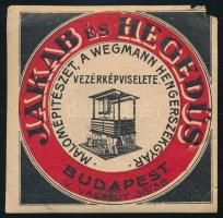 Jakab és Hegedűs Malomépítészet, a Wegmann Hengerszékgyár vezérképviselete Budapest címke, lapszéli szakadásokkal, 7×7 cm