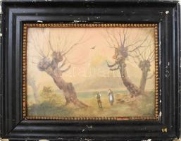 báró Szveteney György (1871-1952): Vízparti találkozás. Akvarell, papír. Jelzett. Dekoratív, üvegezett, sérült fakeretben. 28x40 cm