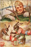1942 Húsvéti üdvözlet. Márton L.-féle Cserkészlevelezőlapok Kiadóhivatala / WWII Hungarian military art postcard with Easter greetings, soldier with rabbits and eggs s: Márton L. (fa)