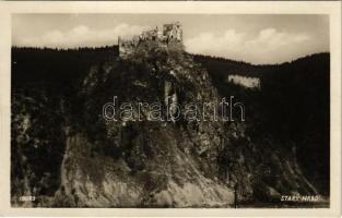 Óváralja, Nezbudská Lúcka, Óvár, Stary Hrad; vár romladék a Vágvölgyben a Sztrecsnói hegyszorosban. L. Biel kiadása / castle ruins in Povazie