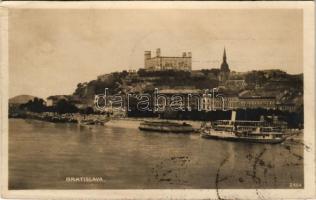 Pozsony, Pressburg, Bratislava; vár, gőzhajó, városi uszoda a Dunán / castle, steamship, bathhouse, swimming pool on the Danube (EK)