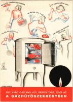 Egy apró gázláng hűt, frissen tart, jeget ad! Gázhűtőszekrény. Székesfővárosi Gázmúvek Art Deco reklámlapja. Globus nyomda / Hungarian gas refrigerator Art Deco advertising postcard s: Győry