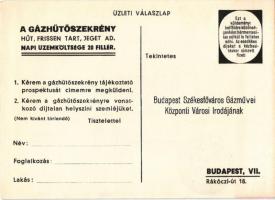 Egy apró gázláng hűt, frissen tart, jeget ad! Gázhűtőszekrény. Székesfővárosi Gázmúvek Art Deco rekl...