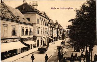 1922 Győr, Széchenyi tér, piac, lovaskocsi, Simon Ferenc üzlete, dohányáruda. Vasúti levelezőlapárusítás 481. (EK)