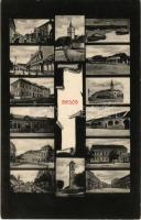 1908 Siklós, mozaiklap, rajta zsinagóga, Pelikán szálloda, Szerb ortodox templom, stb. Feiler Mariska kiadása