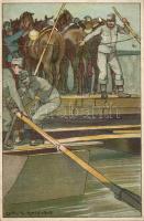 Első világháborús katonai lap, átkelés a folyón uszállyal litho s: Ludwig Koch, WWI military card, barge, crossing the river litho s: Ludwig Koch