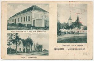 1944 Csíkszentsimon, Szent-Simon, Sansimion; Római katolikus templom és elemi iskola, vasútállomás. Adler Oscar felvétele / Scoala normala r. cat., Biserica r. cat., Gara / Catholic church and elementary school, railway station (Rb)