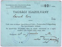 1933 Testnevelési Felügyelőség Vízi Sporttelepe fényképes tagsági igazolvány, gyűrődéssel