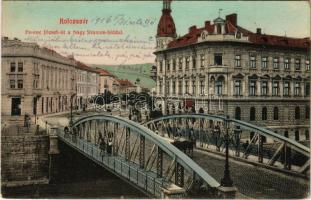 1916 Kolozsvár, Cluj; Ferenc József út, Nagy Szamos híd, Fesztinger Dávid, Rajtik János üzlete. Ujhelyi és Boros kiadása / street, Somes bridge, shops (fl)