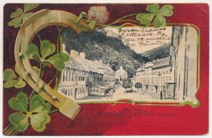 1903 Herkulesfürdő, Baile Herculane; Hercules tér. Szecessziós litho montázs patkóval és lóherével / square. Art Nouveau litho montage with horseshoe and clovers (fl)