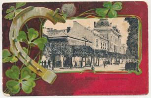 1908 Szatmárnémeti, Szatmár, Satu Mare; Igazságügyi palota. Lővy M. kiadása, szecessziós-lóherés litho keret patkóval / Palace of Justice. Art Nouveau, litho frame with clovers and horseshoe (kopott sarkak / worn corners)