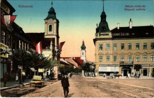 1923 Kolozsvár, Cluj; Mátyás király tér, Központi szálloda, Biasini Sándor utóda, Medgyesy és Nyegrutz, Weisz Kálmán és Reményik L. és fiai üzlete / square, hotel, shops (Rb)